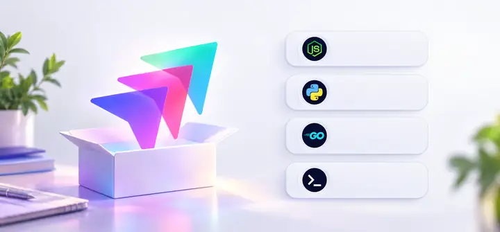 Software package illustration with Node, Python, Go, and CLI labels.